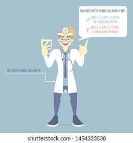 male doctor health care provider medical with how much water should you drink per day, healthy concept for hospital, flat vector illustration cartoon character design