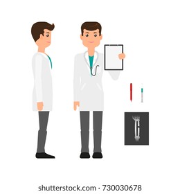 Male doctor, healthcare specialist in white medical gown, side and front view, flat vector illustration on white background. Doctor, man in white coat, front and side view full length portrait