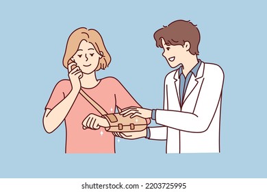 Male Doctor Help Patient Put Bandage On Hand After Trauma Or Injury. Therapist Or Surgeon Cure Woman With Broken Shoulder In Hospital. Vector Illustration. 