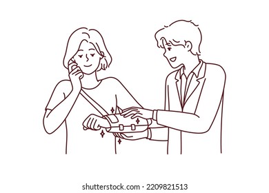 Male Doctor Help Patient Put Bandage On Hand After Trauma Or Injury. Therapist Or Surgeon Cure Woman With Broken Shoulder In Hospital. Vector Illustration. 