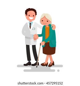 Male doctor helping a grandmother with a cane. Vector illustration of a flat design
