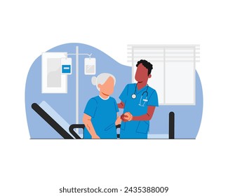 Ein männlicher Arzt, der einer älteren Patientin im Krankenhaus-Flur-flachen Charakter-Vektor-Illustrations-Design hilft