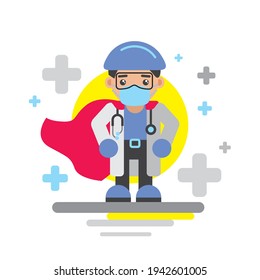 Male Doctor as a hero. Superhero cloak. Medicine, treatment of people. Funny flat cartoon illustration. Isolated on white.