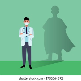 male doctor heroic with super hero shadow vector illustration design