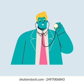 Male doctor hold stethoscope ready to check or examine patient. Colored flat vector illustration