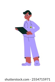 Male Doctor Holding Clipboard In Flat Vector Illustration Symbolizing Healthcare, Diagnosis, And Professionalism, Isolated On White Background