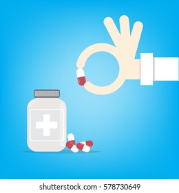 Male doctor holding container with cure in his hands. Tablets in hand. Capsules in their hands.