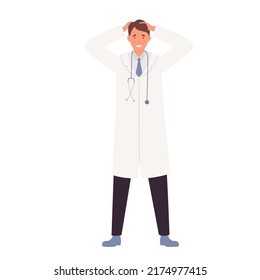 Male Doctor Holding Head With Hand. Worried Shocked Medical Worker Vector Illustration