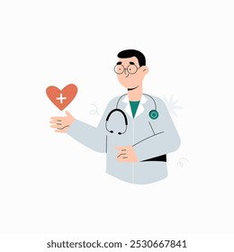 Male doctor holding a heart symbol in flat vector illustration symbolizing healthcare, medical profession, and wellness, isolated on white background