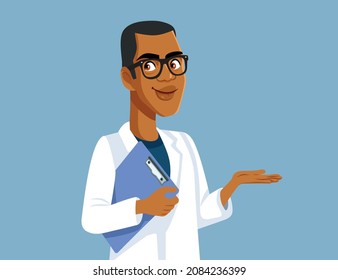 Male Doctor Holding Medical File of a patient Vector Illustration. Medical practitioner holding a record file making a presentation gesture 
