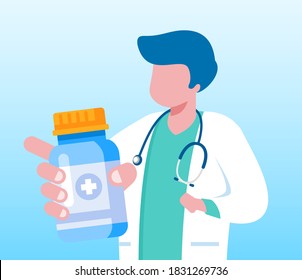 Male Doctor Holding Pills Bottle Icons of Medicine Treatment in Clinic or Hospital, Healthcare, Medicine. Cartoon Flat Vector Illustration