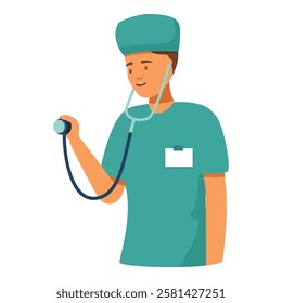 Male doctor is holding a stethoscope to listen to a heartbeat in this medical illustration