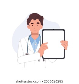 male doctor holding tablet displaying medical results for health diagnostics and consultation