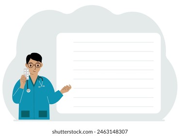 A male doctor holds pills in his hand. There is space for text next to it. Vector flat illustration.