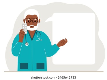 A male doctor holds pills in his hand. There is space for text next to it.