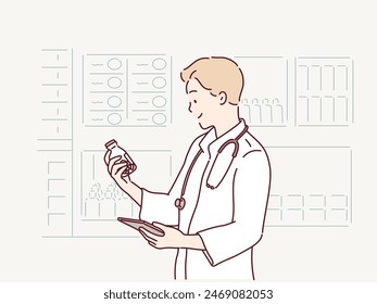 A male doctor holds pills in his hand. Hand drawn style vector design illustrations.