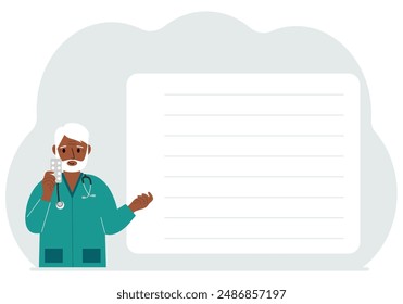 A male doctor holds pills in his hand. There is space for text next to it. Vector flat illustration.