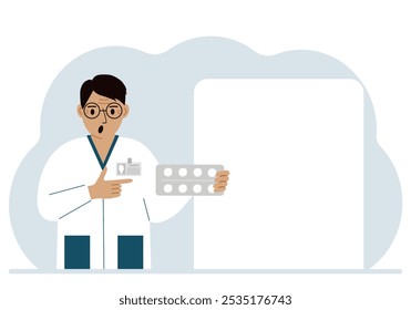 A male doctor holds pills in his hand. Large white sheet for text. Vector flat illustration