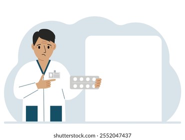 A male doctor holds pills in his hand. Large white sheet for text. Vector flat illustration