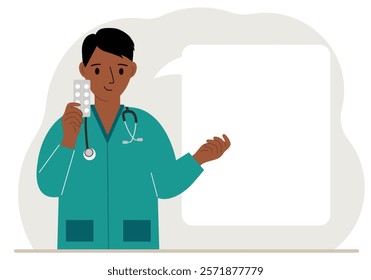 A male doctor holds pills in his hand. There is space for text next to it.