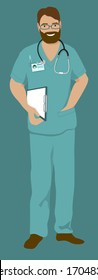 Male doctor, hospital nurse or intern standing in medical uniform with stethoscope, clipboard, badge, glasses. Bearded handsome confident healthcare professional young man at job. Flat isolated vector