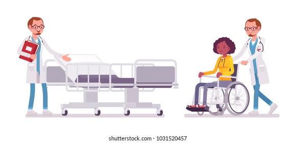 Male doctor and hospitalized patient. Man in hospital uniform admitting wheelchair woman in clinic. Medicine and healthcare concept. Vector flat style cartoon illustration isolated, white background