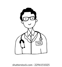 Male doctor icon in hand drawn style on isolated white background.