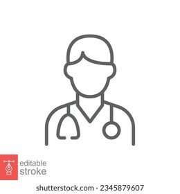 Male doctor icon. Simple outline style. Doctor with stethoscope, man, medic, healthcare, medical concept. Thin line symbol. Vector illustration isolated on white background. Editable stroke EPS 10.