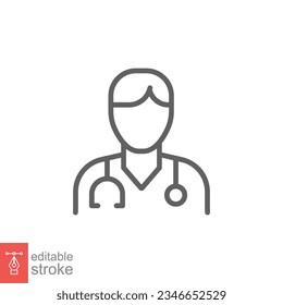 Male doctor icon. Simple outline style. Doctor with stethoscope, man, medic, healthcare, medical concept. Thin line symbol. Vector illustration isolated on white background. Editable stroke EPS 10.