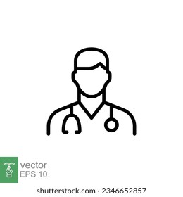 Male doctor icon. Simple outline style. Doctor with stethoscope, man, medic, healthcare, medical concept. Thin line symbol. Vector illustration isolated on white background. EPS 10.