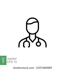 Male doctor icon. Simple outline style. Doctor with stethoscope, man, medic, healthcare, medical concept. Thin line symbol. Vector illustration isolated on white background. EPS 10.