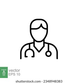 Male doctor icon. Simple outline style. Doctor with stethoscope, man, medic, healthcare, medical concept. Thin line symbol. Vector illustration isolated on white background. EPS 10.