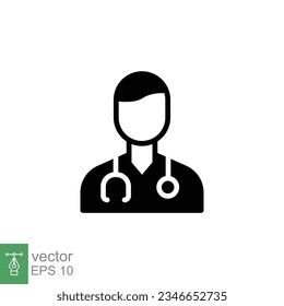 Male doctor icon. Simple solid style. Doctor with stethoscope, man, medic, healthcare, medical concept. Black silhouette, glyph symbol. Vector illustration isolated on white background. EPS 10.