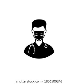 Männliche Ärztin Ikone. Solid schwarzes Symbol eines männlichen Arztes in einer Schutzmaske mit einem Stethoskop. Vorsichtsmaßnahmen zum Schutz vor einer Covid-19-Virusinfektion. Vektorgrafik einzeln auf weißem Hintergrund