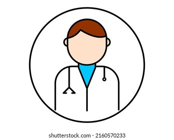 Male doctor icon, with white coat, in a circle, on a white background