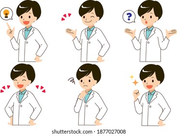 Male doctor illustration set with 6 different facial expressions