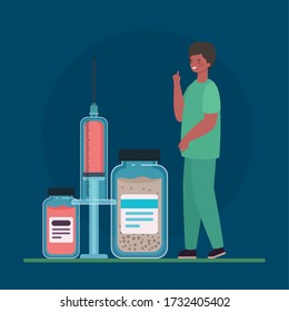 male doctor with injection and medicine jars design of Medical care health and emergency theme Vector illustration