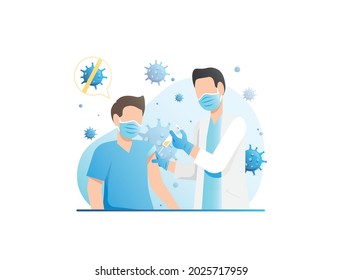 Male doctor injects vaccine into patient's hand with syringe, injection against disease, virus, infection, pandemic, quarantine against background of bacteria. Medicine. Vaccination of population.