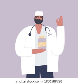 Male doctor keeps bottle with vitamins and shows  that everything is  ok. Virus protection concept. Vector  illustration