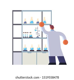 male doctor laboratory scientist in white coat working with test tubes medicine healthcare concept hospital medical clinic lab worker full length rear view flat