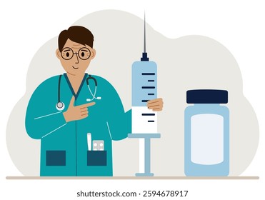 Male doctor with a large syringe and ampoule. Vector flat illustration