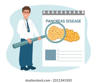 A male doctor with a magnifying glass examines the diseases of the pancreas, the digestive system. The concept of science and medicine. Vector