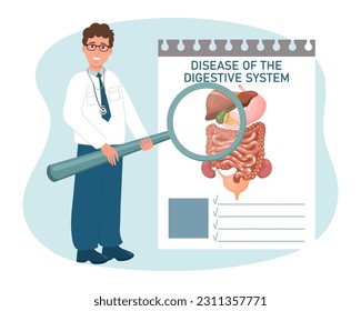 A male doctor with a magnifying glass examines diseases of the digestive system. Medical healthcare concept. Vector