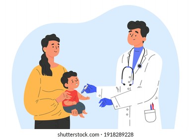 Male doctor makes a vaccine to a child. Concept illustration for immunity health. Woman with baby in hospital. Doctor in a medical gown and gloves. Flat illustration isolated on white background. 