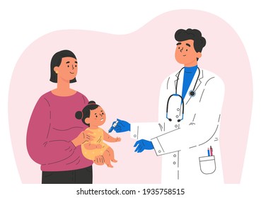 Male Doctor Makes A Vaccine To A Child. Concept Illustration For Immunity Health. Woman With Baby In Hospital. Doctor In A Medical Gown And Gloves. Flat Illustration Isolated On White Background. 