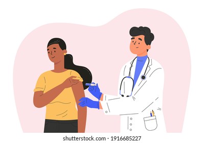 Male doctor makes a vaccine to female patient. Concept illustration for immunity health. Covid vaccine. Doctor in a medical gown and gloves. Flat illustration isolated on white background. 