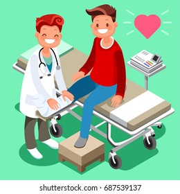 Male doctor and man patient isometric people cartoon for medical consultation healthcare icons concept vector facial expressions emotions face, eyes, lips, nose. 