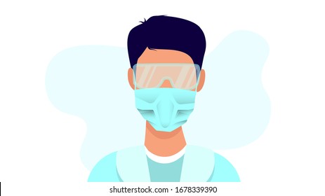 Médico masculino con máscara y gafas - concepto de ilustración plana vectorial. Doctor con máscara - Novela del virus Corona, N-CoV19