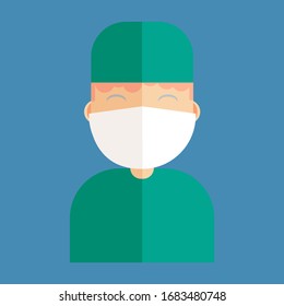 Male doctor in mask on a blue background. Doctor icons vector illustration