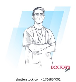 male doctor with mask vector line art illustration